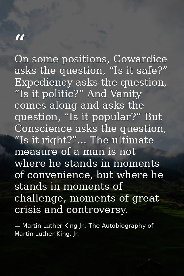 On some positions, Cowardice asks the question, “Is it safe?” Expediency asks the question, “Is it politic?” And Vanity  — Martin Luther King Jr., The Autobiography of Martin Luther King, Jr.