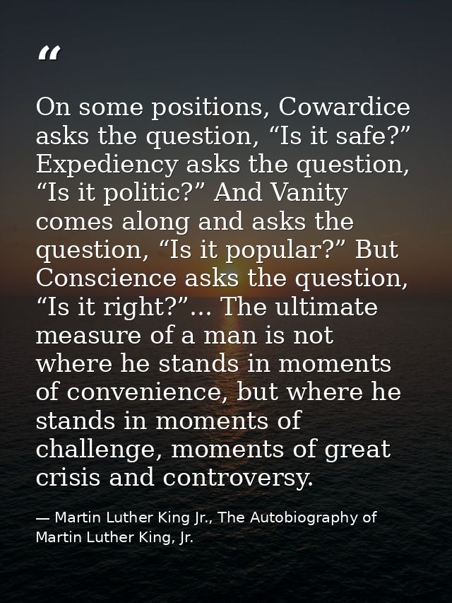 On some positions, Cowardice asks the question, “Is it safe?” Expediency asks the question, “Is it politic?” And Vanity  — Martin Luther King Jr., The Autobiography of Martin Luther King, Jr.