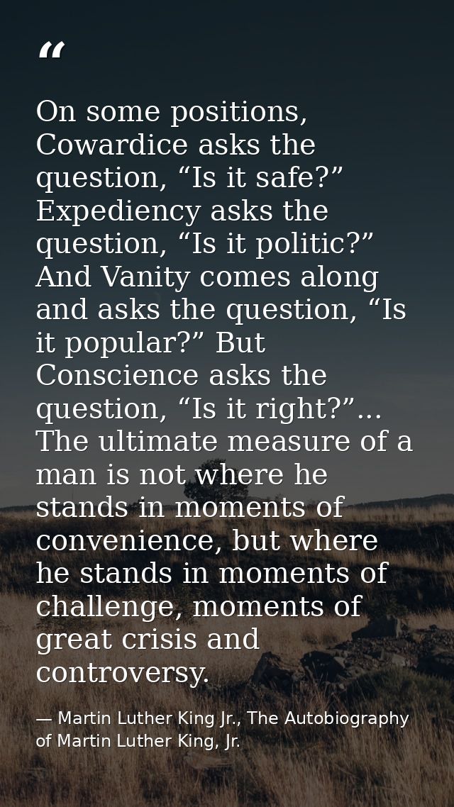 On some positions, Cowardice asks the question, “Is it safe?” Expediency asks the question, “Is it politic?” And Vanity  — Martin Luther King Jr., The Autobiography of Martin Luther King, Jr.