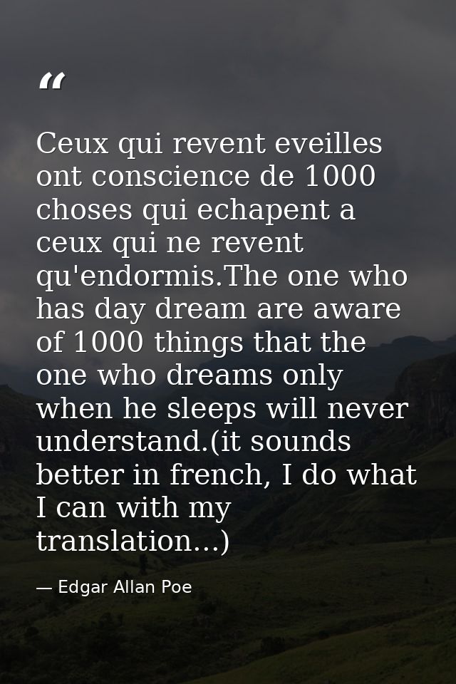 Ceux qui revent eveilles ont conscience de 1000 choses qui echapent a ceux qui ne revent qu'endormis.The one who has day — Edgar Allan Poe