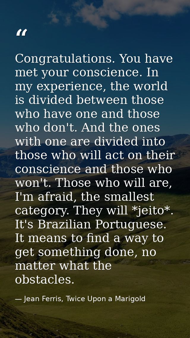 Congratulations. You have met your conscience. In my experience, the world is divided between those who have one and tho — Jean Ferris, Twice Upon a Marigold
