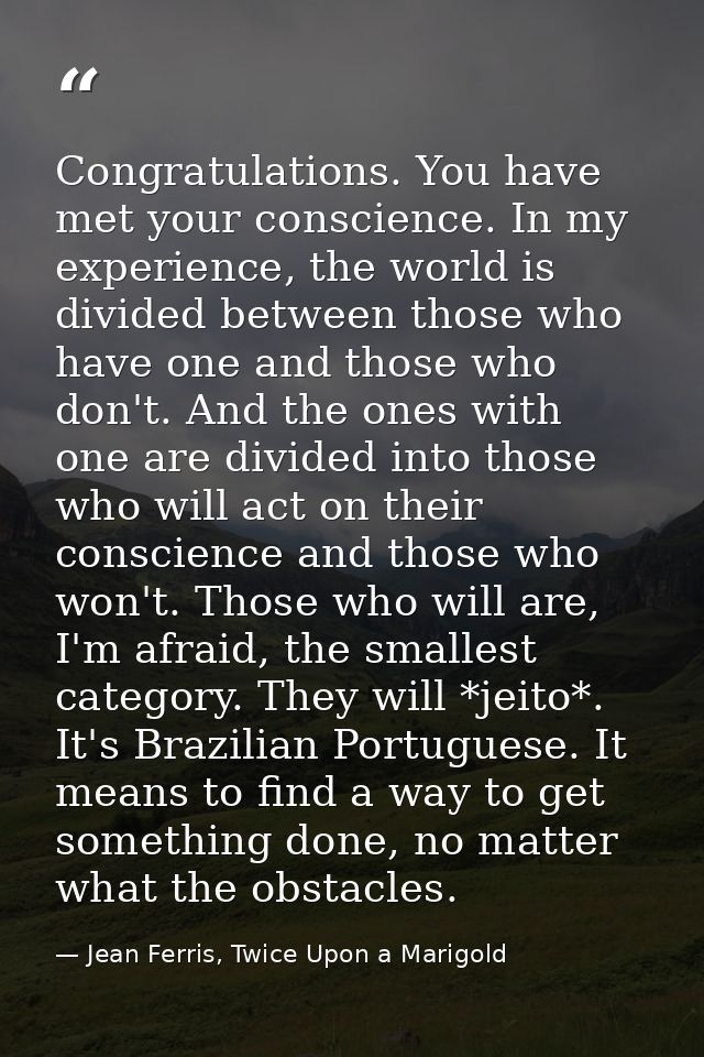 Congratulations. You have met your conscience. In my experience, the world is divided between those who have one and tho — Jean Ferris, Twice Upon a Marigold