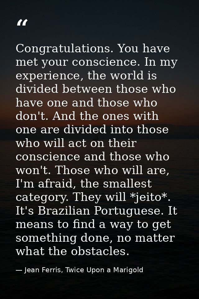 Congratulations. You have met your conscience. In my experience, the world is divided between those who have one and tho — Jean Ferris, Twice Upon a Marigold