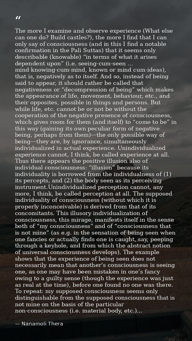 The more I examine and observe experience (What else can one do? Build castles?), the more I find that I can only say of — Nanamoli Thera