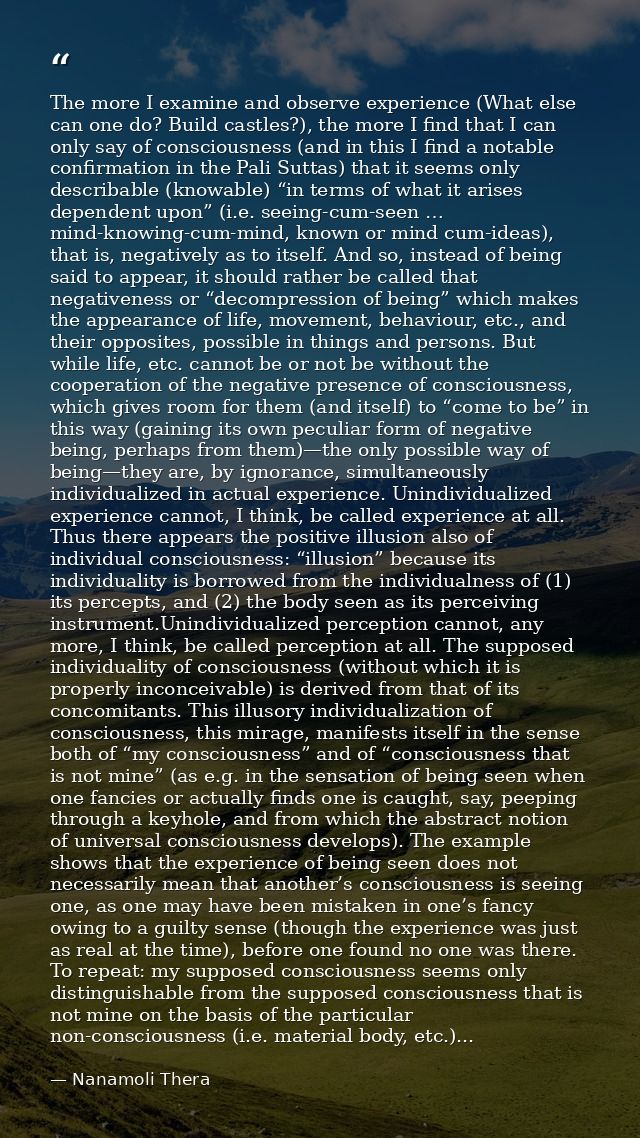 The more I examine and observe experience (What else can one do? Build castles?), the more I find that I can only say of — Nanamoli Thera