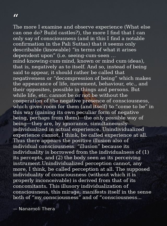 The more I examine and observe experience (What else can one do? Build castles?), the more I find that I can only say of — Nanamoli Thera