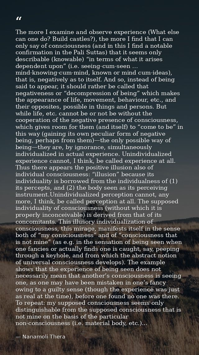 The more I examine and observe experience (What else can one do? Build castles?), the more I find that I can only say of — Nanamoli Thera