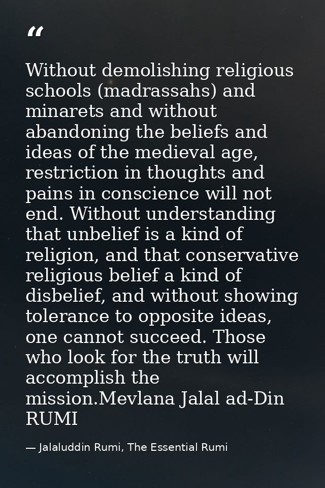 Without demolishing religious schools (madrassahs) and minarets and without abandoning the beliefs and ideas of the medi — Jalaluddin Rumi, The Essential Rumi