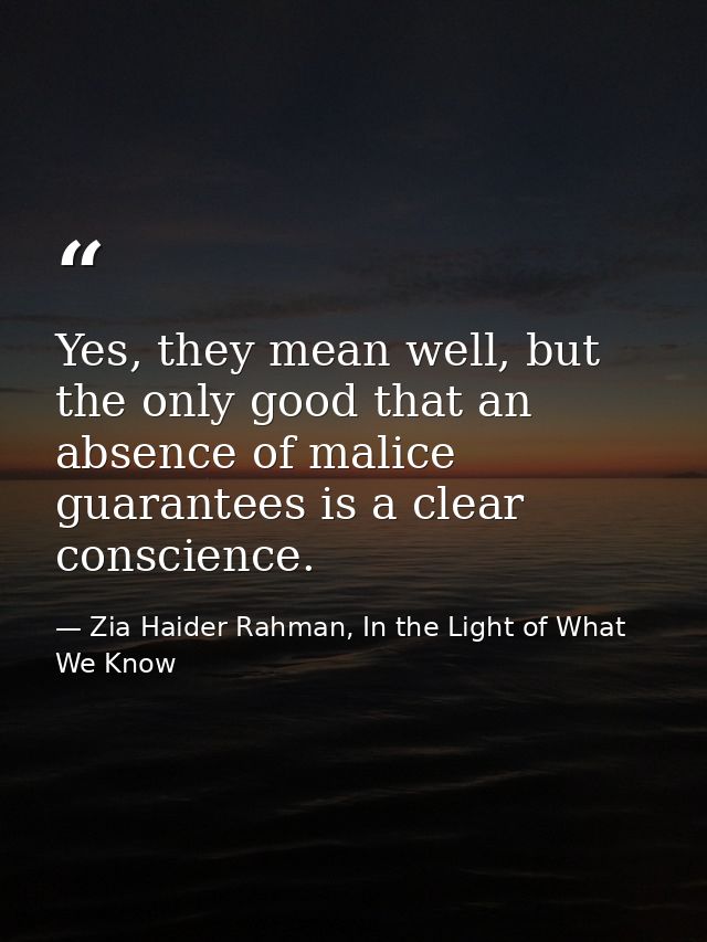 Yes, they mean well, but the only good that an absence of malice guarantees is a clear conscience. — Zia Haider Rahman, In the Light of What We Know