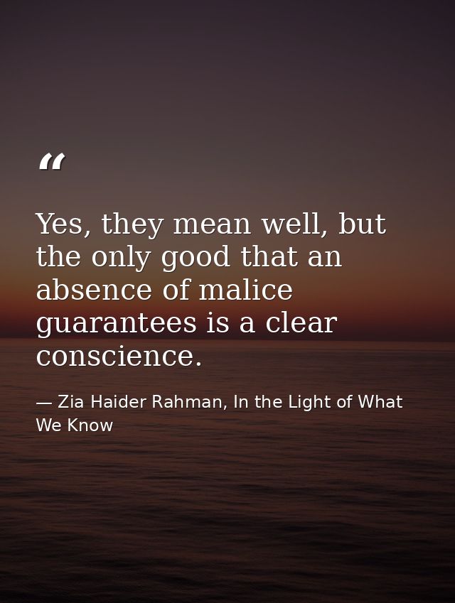 Yes, they mean well, but the only good that an absence of malice guarantees is a clear conscience. — Zia Haider Rahman, In the Light of What We Know
