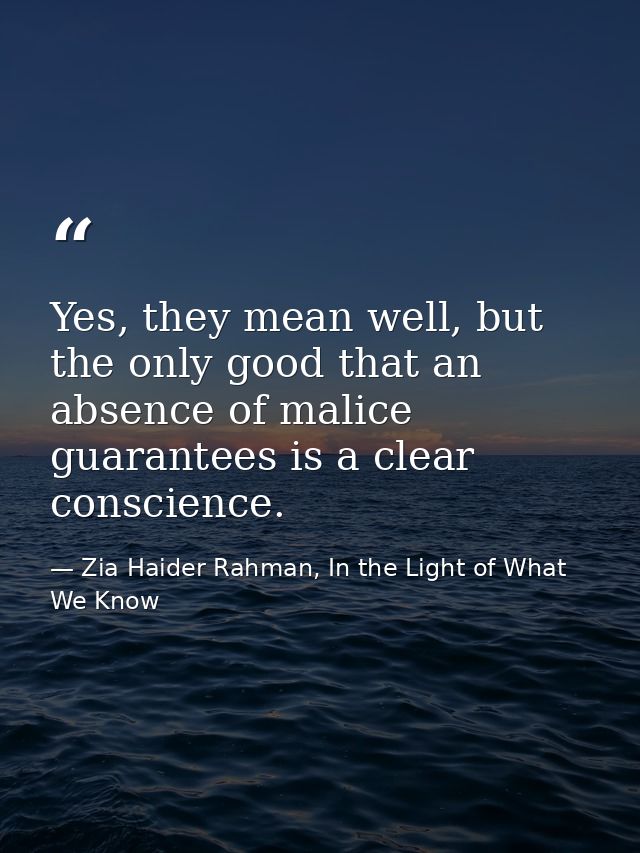 Yes, they mean well, but the only good that an absence of malice guarantees is a clear conscience. — Zia Haider Rahman, In the Light of What We Know