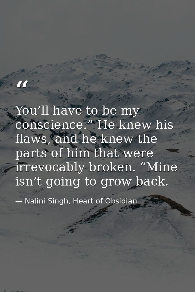 You’ll have to be my conscience.” He knew his flaws, and he knew the parts of him that were irrevocably broken. “Mine is — Nalini Singh, Heart of Obsidian
