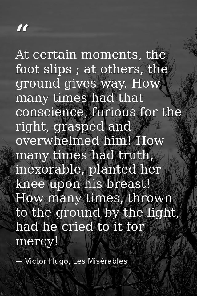 At certain moments, the foot slips ; at others, the ground gives way. How many times had that conscience, furious for th — Victor Hugo, Les Misérables
