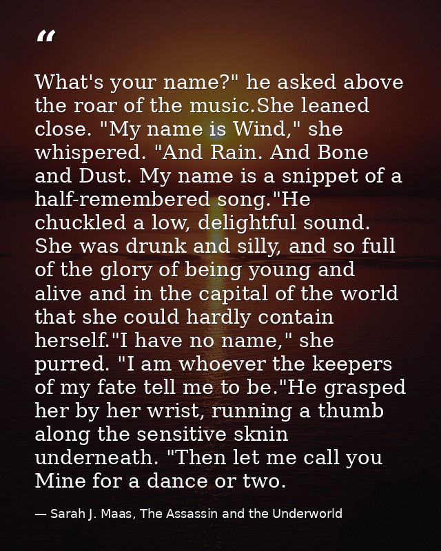 What's your name?" he asked above the roar of the music.She leaned close. "My name is Wind," she whispered. "And Rain. A — Sarah J. Maas, The Assassin and the Underworld