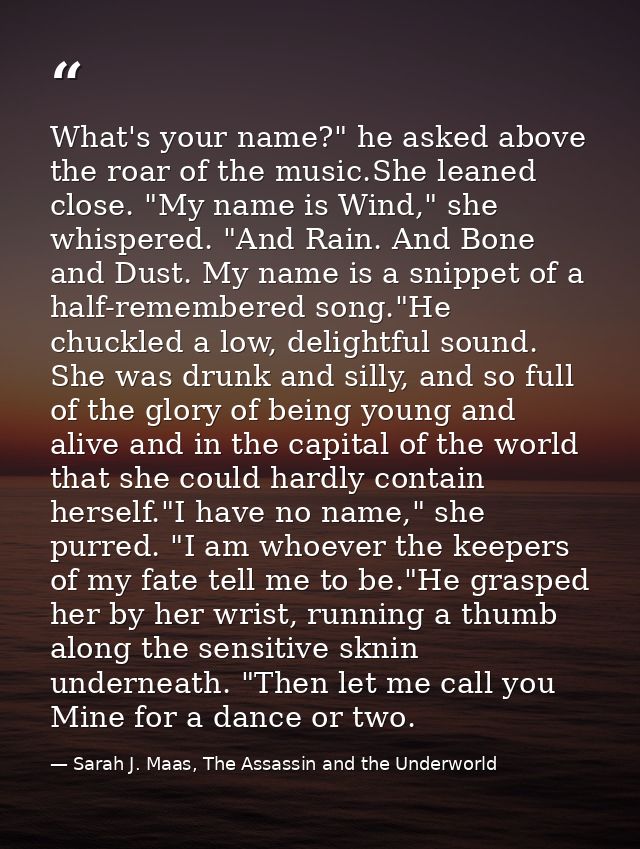 What's your name?" he asked above the roar of the music.She leaned close. "My name is Wind," she whispered. "And Rain. A — Sarah J. Maas, The Assassin and the Underworld