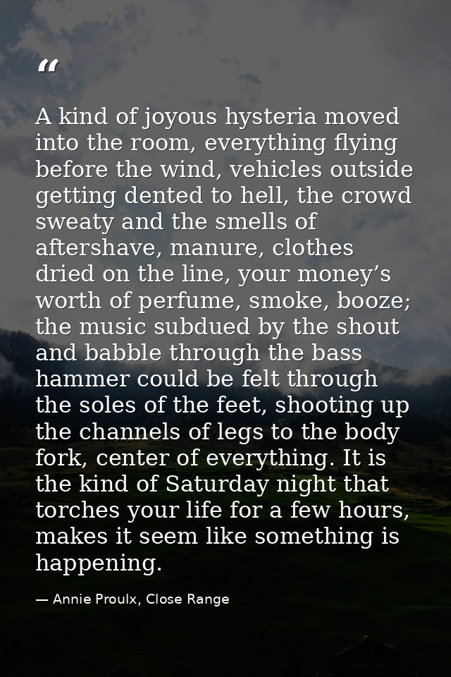 A kind of joyous hysteria moved into the room, everything flying before the wind, vehicles outside getting dented to hel — Annie Proulx, Close Range