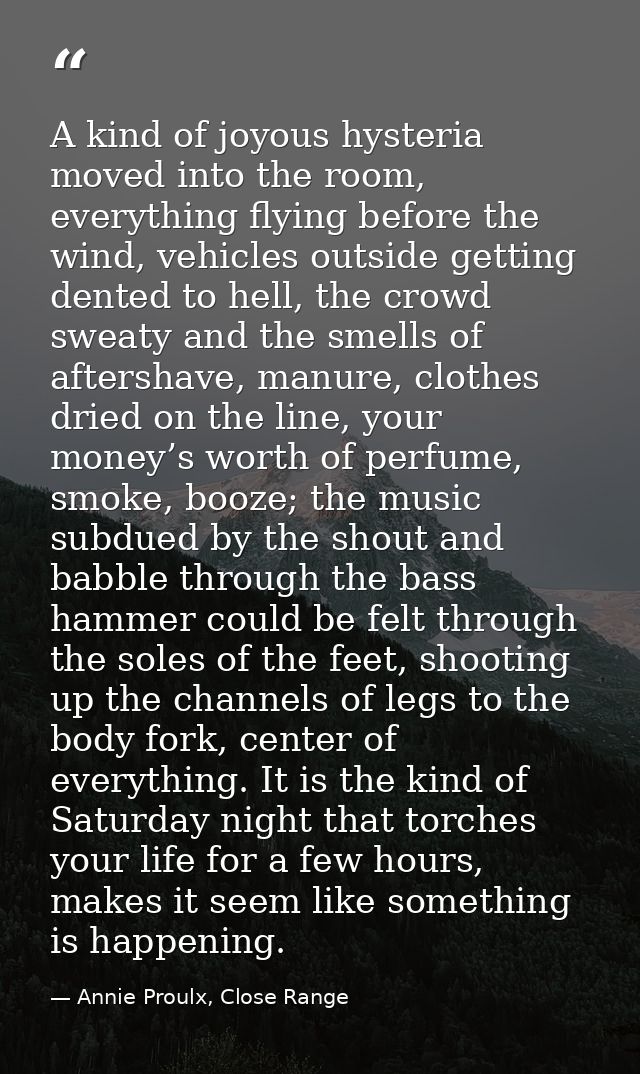 A kind of joyous hysteria moved into the room, everything flying before the wind, vehicles outside getting dented to hel — Annie Proulx, Close Range
