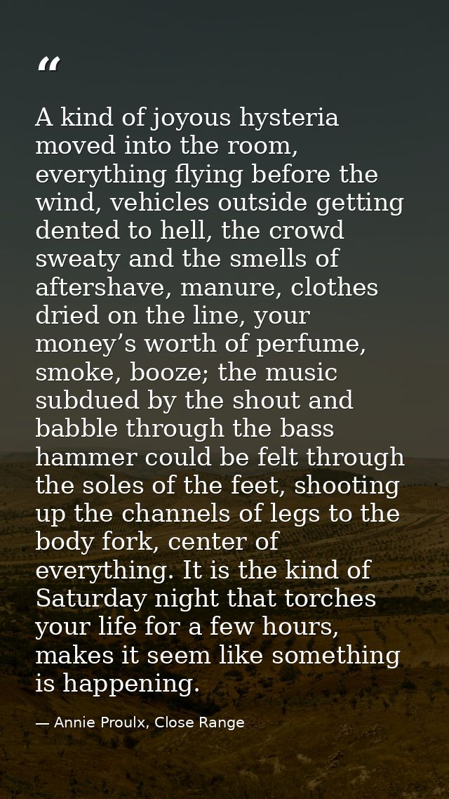 A kind of joyous hysteria moved into the room, everything flying before the wind, vehicles outside getting dented to hel — Annie Proulx, Close Range