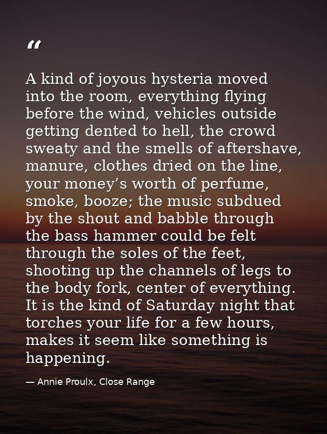 A kind of joyous hysteria moved into the room, everything flying before the wind, vehicles outside getting dented to hel — Annie Proulx, Close Range