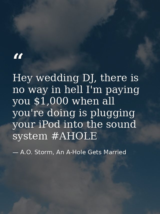 Hey wedding DJ, there is no way in hell I'm paying you $1,000 when all you're doing is plugging your iPod into the sound — A.O. Storm, An A-Hole Gets Married