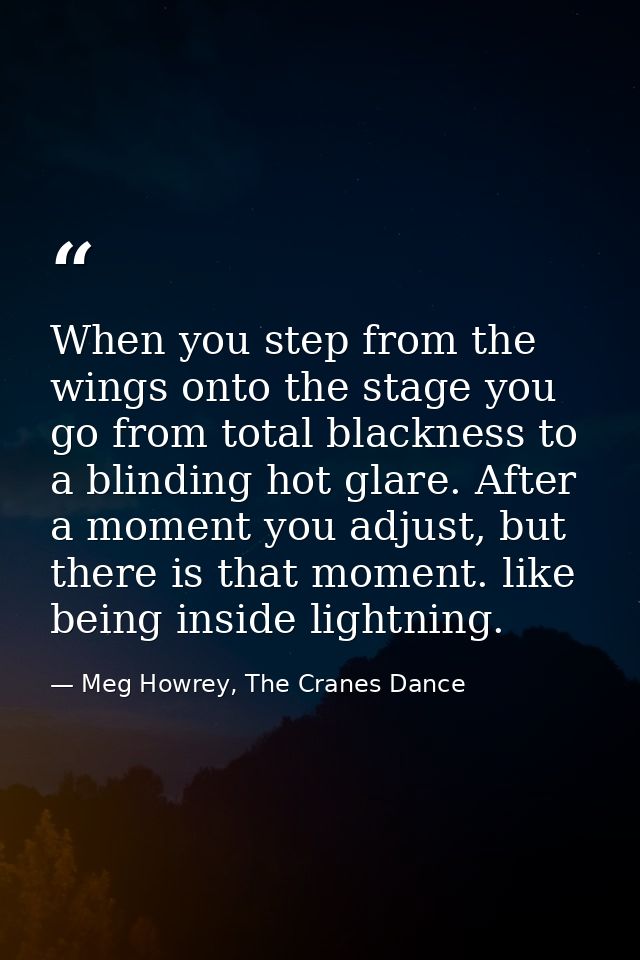 When you step from the wings onto the stage you go from total blackness to a blinding hot glare. After a moment you adju — Meg Howrey, The Cranes Dance