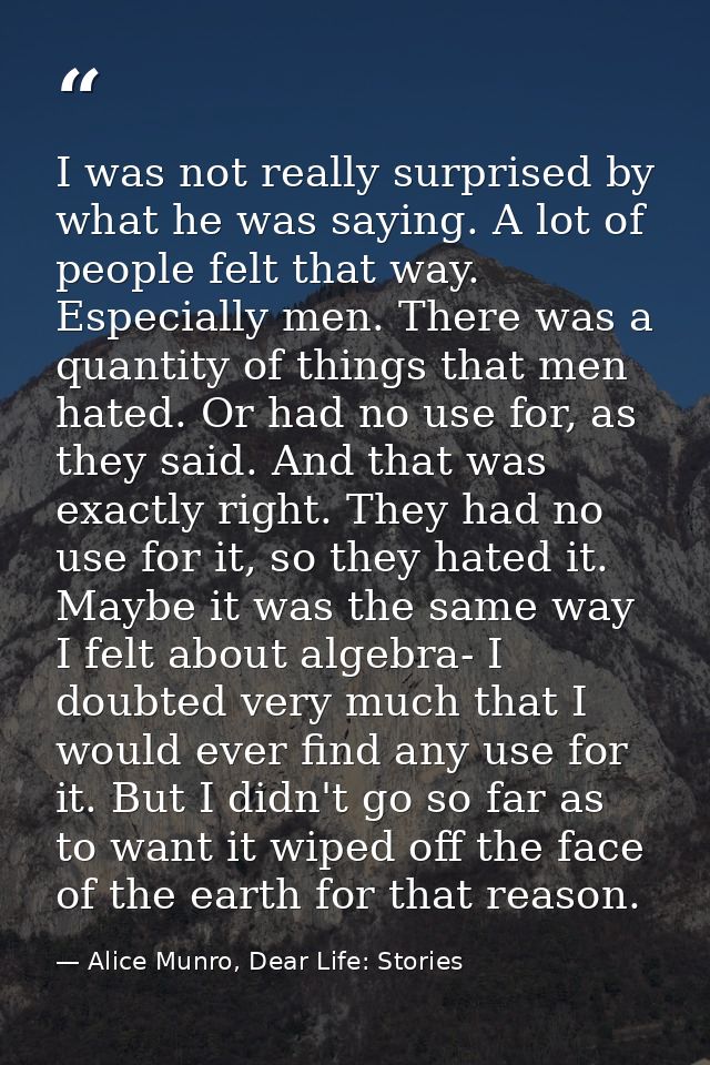 I was not really surprised by what he was saying. A lot of people felt that way. Especially men. There was a quantity of — Alice Munro, Dear Life: Stories