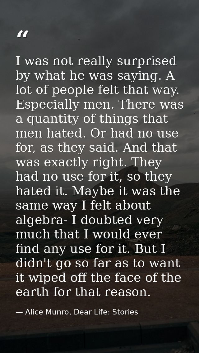 I was not really surprised by what he was saying. A lot of people felt that way. Especially men. There was a quantity of — Alice Munro, Dear Life: Stories