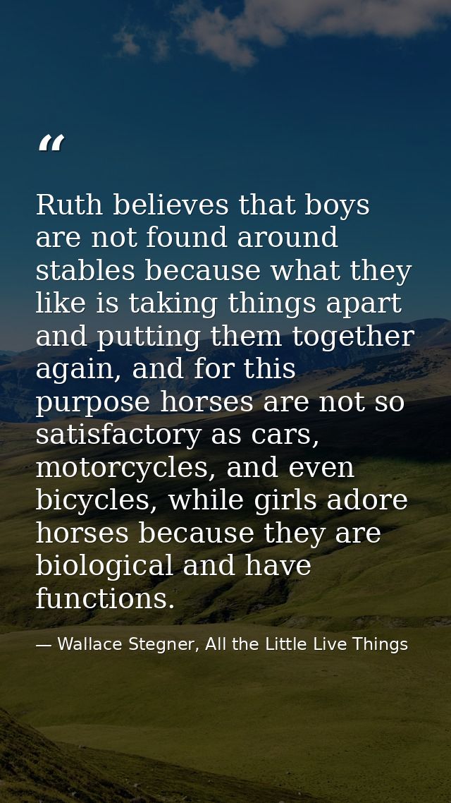 Ruth believes that boys are not found around stables because what they like is taking things apart and putting them toge — Wallace Stegner, All the Little Live Things