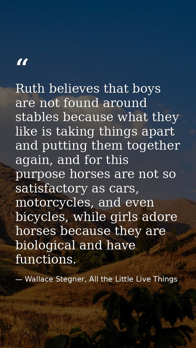 Ruth believes that boys are not found around stables because what they like is taking things apart and putting them toge — Wallace Stegner, All the Little Live Things