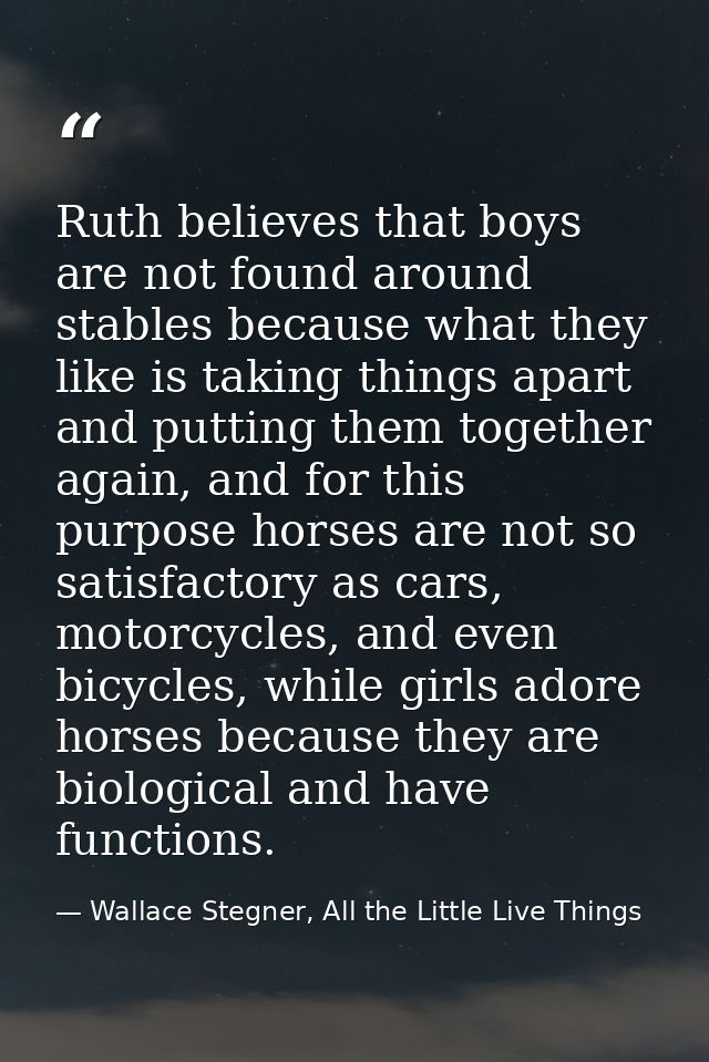 Ruth believes that boys are not found around stables because what they like is taking things apart and putting them toge — Wallace Stegner, All the Little Live Things