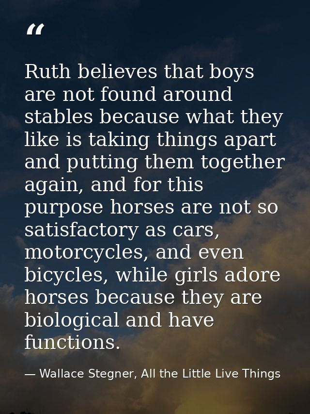 Ruth believes that boys are not found around stables because what they like is taking things apart and putting them toge — Wallace Stegner, All the Little Live Things