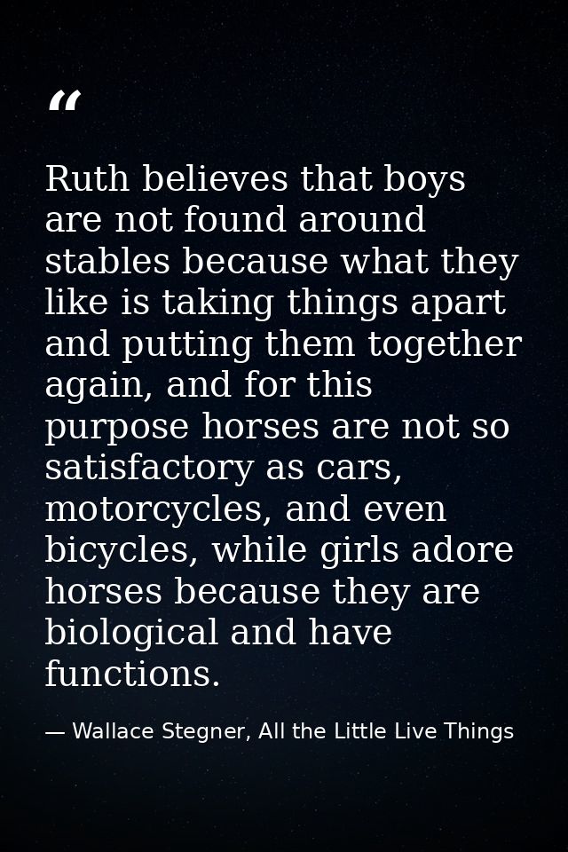 Ruth believes that boys are not found around stables because what they like is taking things apart and putting them toge — Wallace Stegner, All the Little Live Things