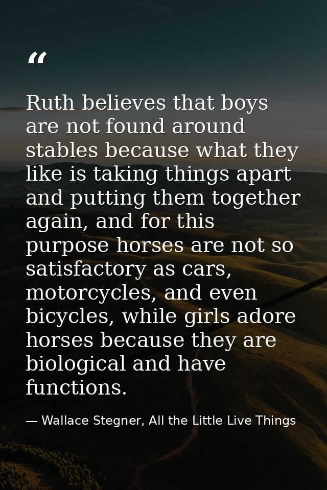 Ruth believes that boys are not found around stables because what they like is taking things apart and putting them toge — Wallace Stegner, All the Little Live Things