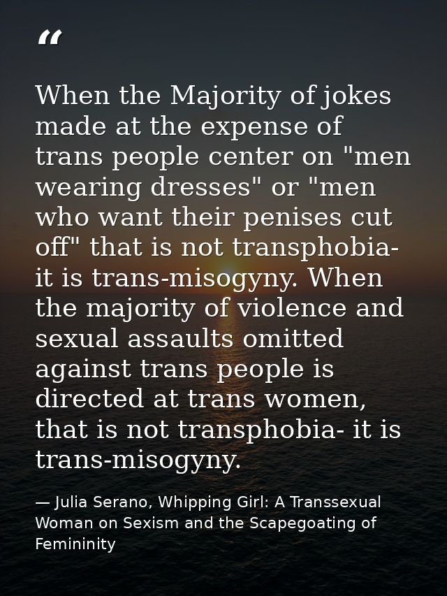 When the Majority of jokes made at the expense of trans people center on "men wearing dresses" or "men who want their pe — Julia Serano, Whipping Girl: A Transsexual Woman on Sexism and the Scapegoating of Femininity