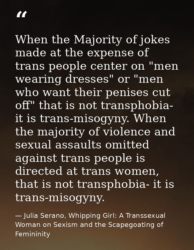 When the Majority of jokes made at the expense of trans people center on "men wearing dresses" or "men who want their pe — Julia Serano, Whipping Girl: A Transsexual Woman on Sexism and the Scapegoating of Femininity