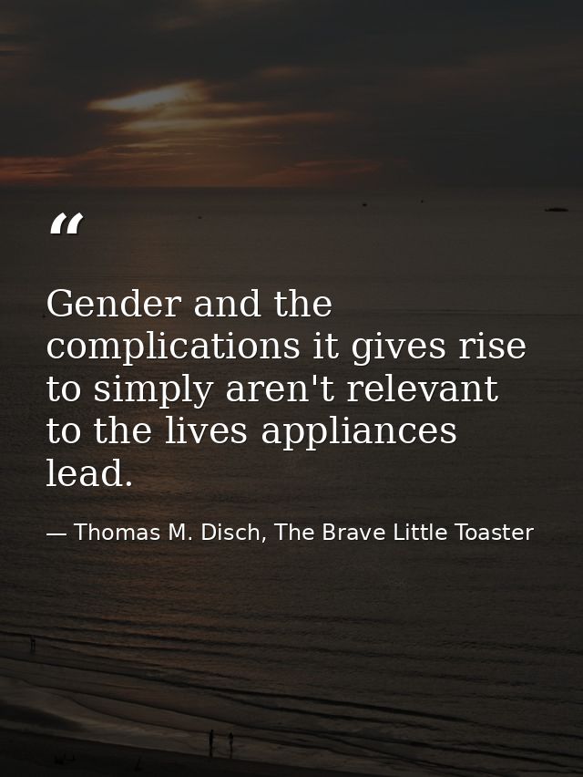 Gender and the complications it gives rise to simply aren't relevant to the lives appliances lead. — Thomas M. Disch, The Brave Little Toaster