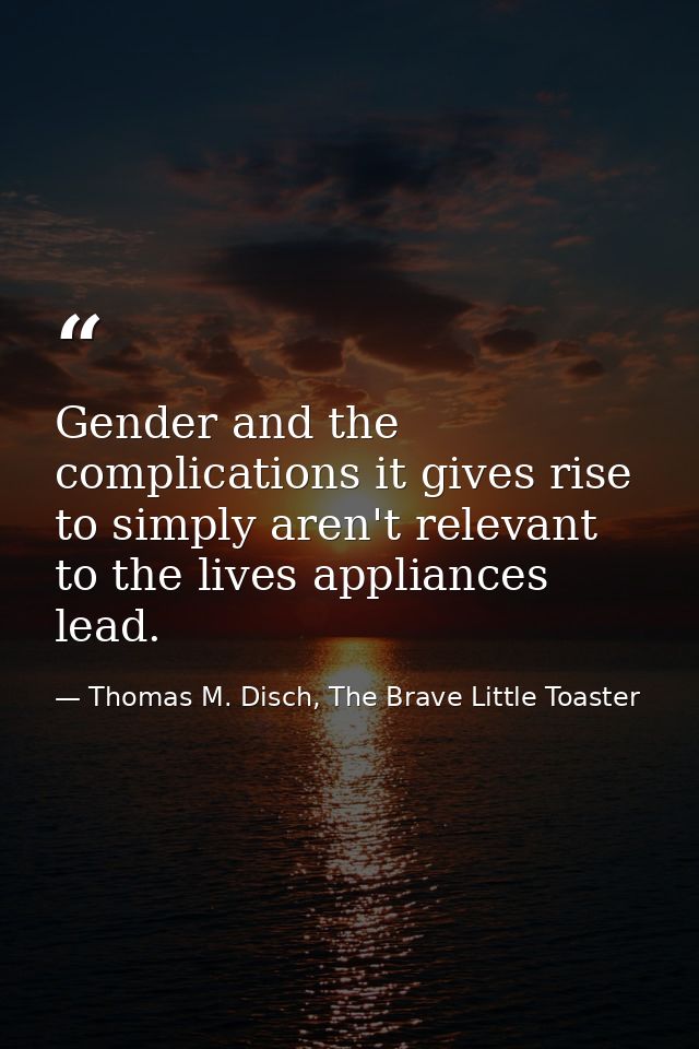 Gender and the complications it gives rise to simply aren't relevant to the lives appliances lead. — Thomas M. Disch, The Brave Little Toaster