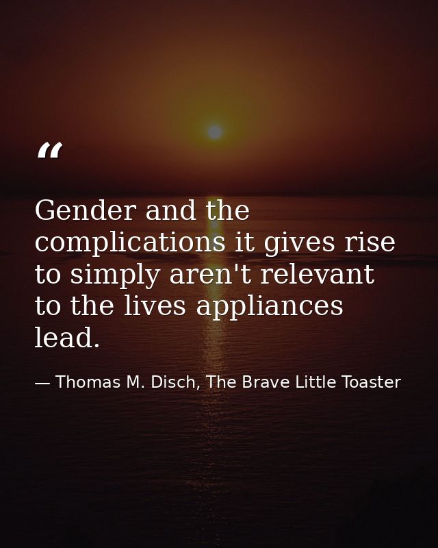 Gender and the complications it gives rise to simply aren't relevant to the lives appliances lead. — Thomas M. Disch, The Brave Little Toaster