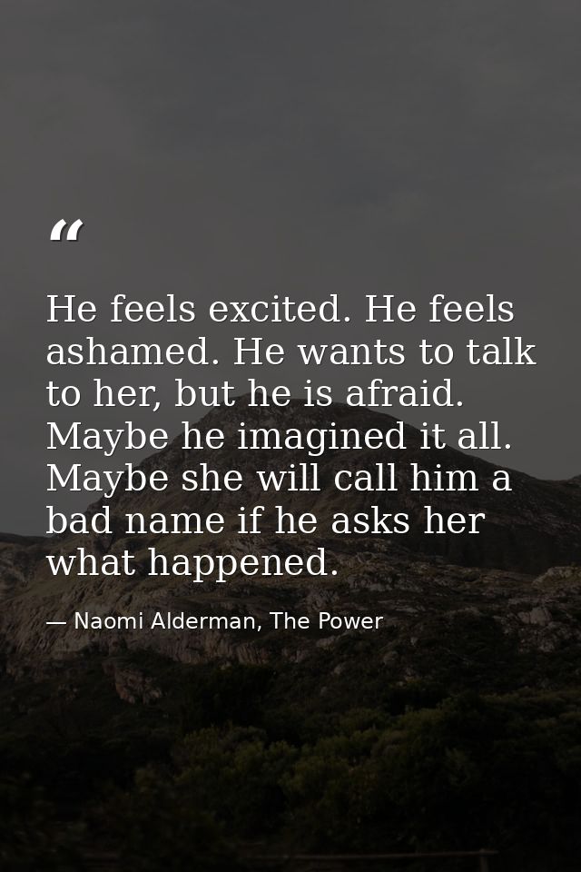 He feels excited. He feels ashamed. He wants to talk to her, but he is afraid. Maybe he imagined it all. Maybe she will  — Naomi Alderman, The Power