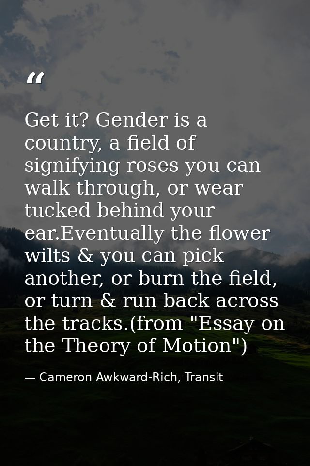 Get it? Gender is a country, a field of signifying roses you can walk through, or wear tucked behind your ear.Eventually — Cameron Awkward-Rich, Transit
