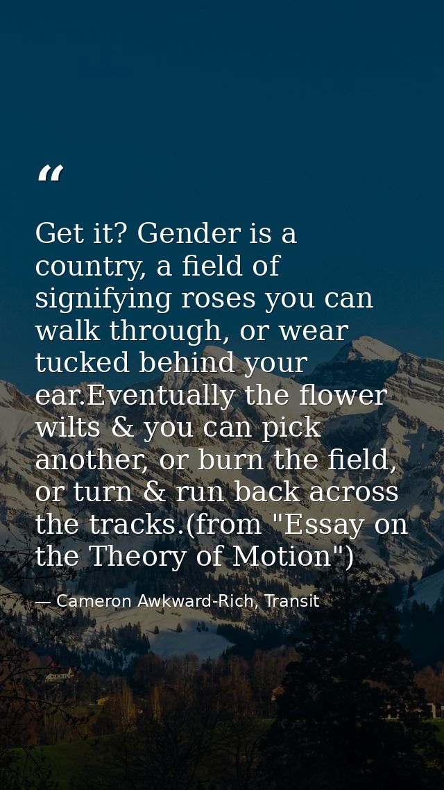 Get it? Gender is a country, a field of signifying roses you can walk through, or wear tucked behind your ear.Eventually — Cameron Awkward-Rich, Transit
