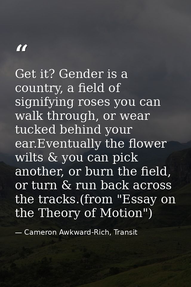 Get it? Gender is a country, a field of signifying roses you can walk through, or wear tucked behind your ear.Eventually — Cameron Awkward-Rich, Transit