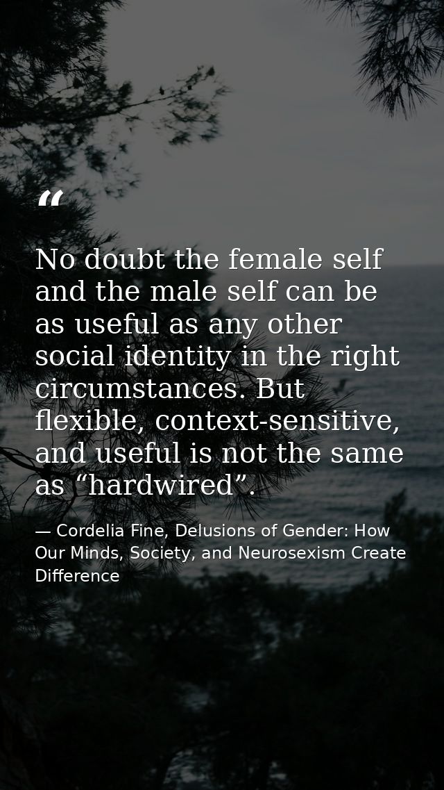 No doubt the female self and the male self can be as useful as any other social identity in the right circumstances. But — Cordelia Fine, Delusions of Gender: How Our Minds, Society, and Neurosexism Create Difference