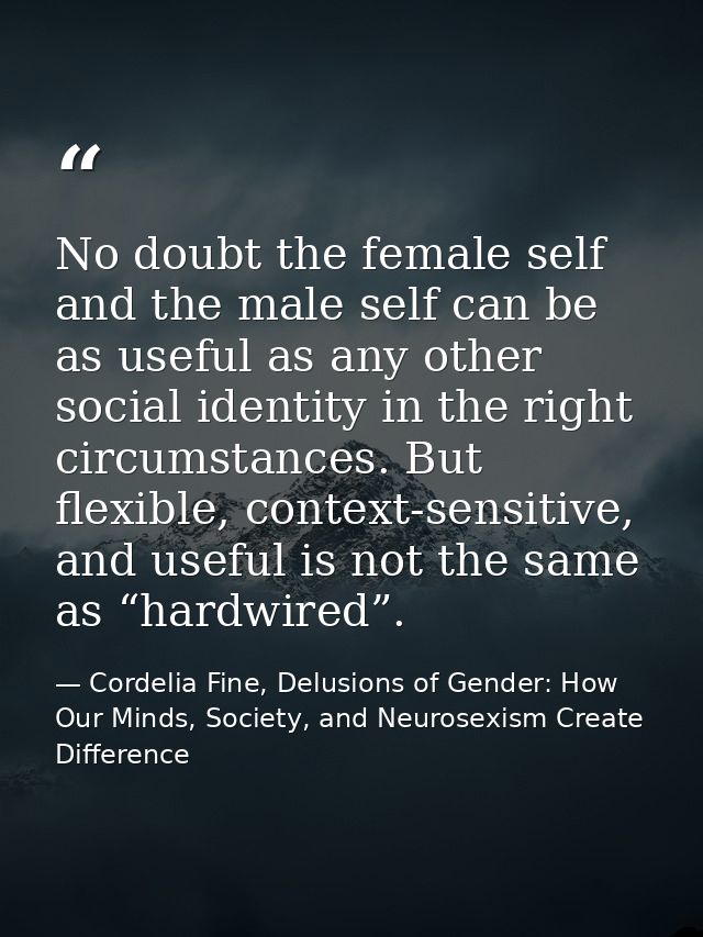 No doubt the female self and the male self can be as useful as any other social identity in the right circumstances. But — Cordelia Fine, Delusions of Gender: How Our Minds, Society, and Neurosexism Create Difference