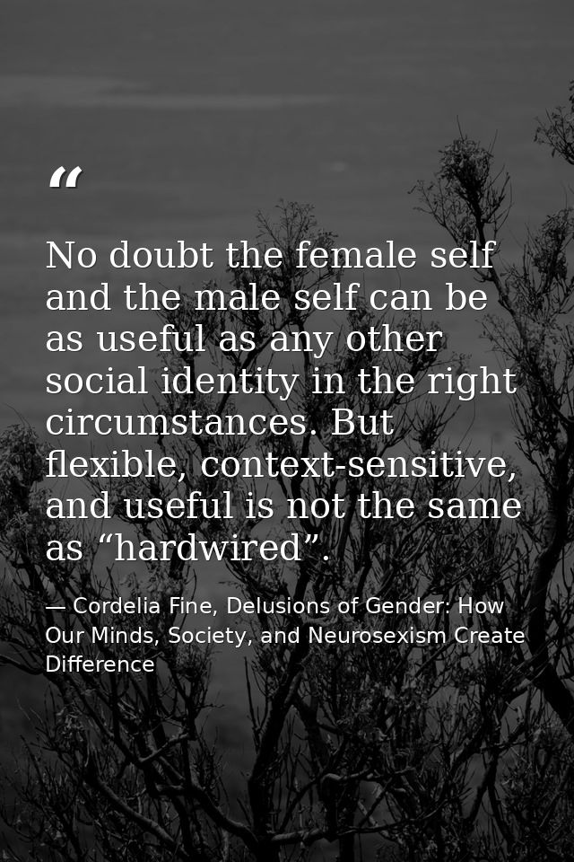 No doubt the female self and the male self can be as useful as any other social identity in the right circumstances. But — Cordelia Fine, Delusions of Gender: How Our Minds, Society, and Neurosexism Create Difference
