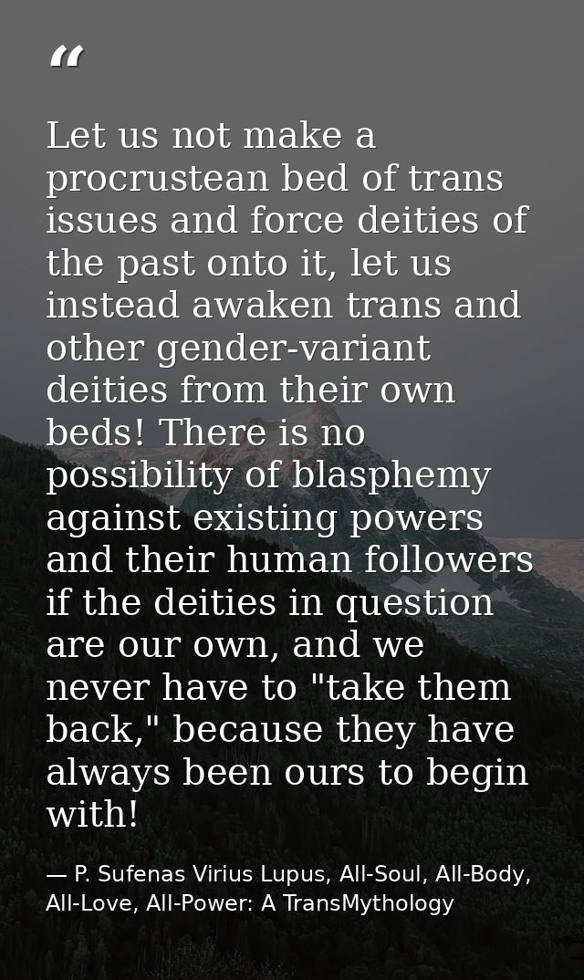 Let us not make a procrustean bed of trans issues and force deities of the past onto it, let us instead awaken trans and — P. Sufenas Virius Lupus, All-Soul, All-Body, All-Love, All-Power: A TransMythology