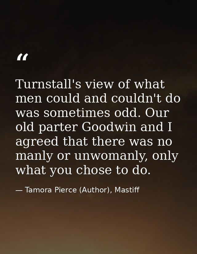 Turnstall's view of what men could and couldn't do was sometimes odd. Our old parter Goodwin and I agreed that there was — Tamora Pierce (Author), Mastiff