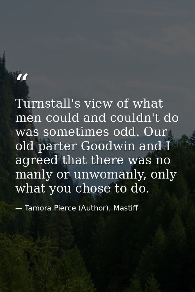 Turnstall's view of what men could and couldn't do was sometimes odd. Our old parter Goodwin and I agreed that there was — Tamora Pierce (Author), Mastiff