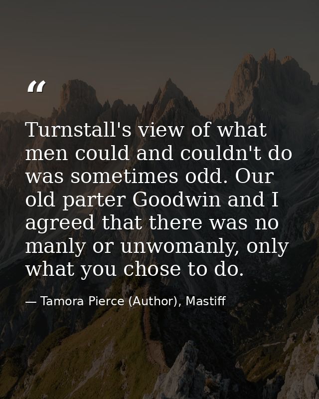Turnstall's view of what men could and couldn't do was sometimes odd. Our old parter Goodwin and I agreed that there was — Tamora Pierce (Author), Mastiff