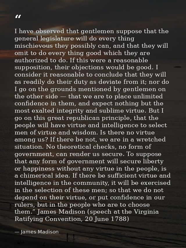 I have observed that gentlemen suppose that the general legislature will do every thing mischievous they possibly can, a — James Madison